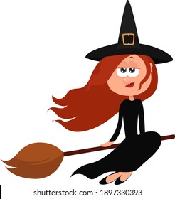 Witch on a broom ,illustration, vector on white background