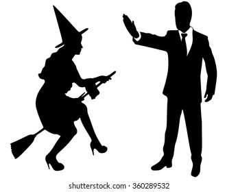 witch on broom and man who showing stop gesture