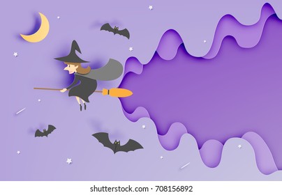 Witch on the broom paper art style with sky in the night for halloween background vector illustration 