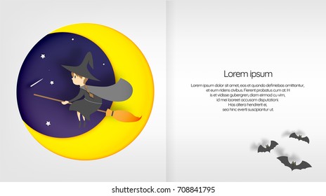 Witch on the broom paper art style with sky in the night for halloween background vector illustration 