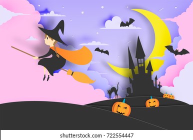 Witch on the broom paper art style with smile pumpkin and the castle in the background for halloween party vector illustration 