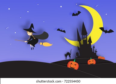 Witch on the broom paper art style with smile pumpkin and the castle in the background for halloween party vector illustration 