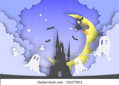 Sorcière sur le papier peint style art avec citrouille souriante et le château en arrière-plan pour l'illustration vectorielle de la fête d'halloween 