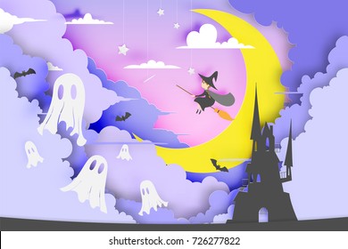 Sorcière sur le papier peint style art avec citrouille souriante et le château en arrière-plan pour l'illustration vectorielle de la fête d'halloween 
