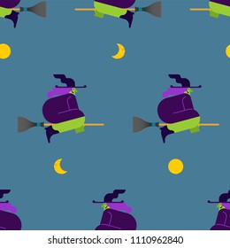 Witch on broom pattern seamless. Halloween background Vector illustration.