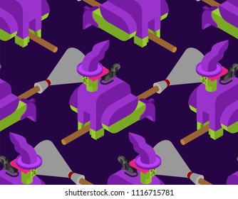 Witch on broom pattern seamless. Halloween background Vector illustration.
