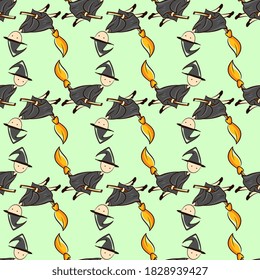 Witch on broom pattern, seamless pattern on light background.