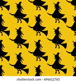 Witch on the broom pattern on the yellow background. Vector illustration
