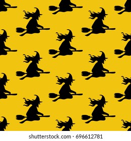 Witch on the broom pattern on the yellow background. Vector illustration