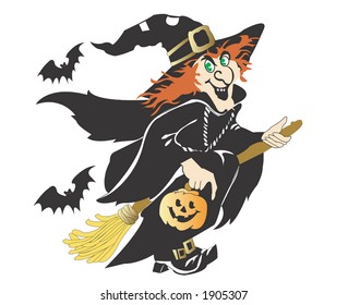 witch on a broom with pumpkin and bats,for Halloween