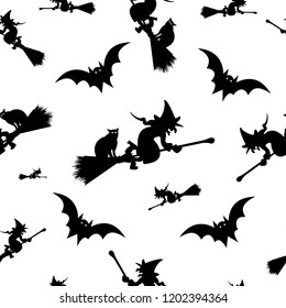 Witch on the broom - seamless pattern - vector, Halloween pattern black witch silhouette flying on broom