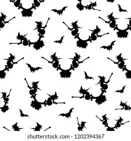 Witch on the broom - seamless pattern - vector, Halloween pattern black witch silhouette flying on broom