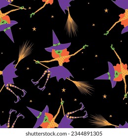 Witch on a broom seamless pattern. Halloween vector illustration