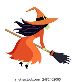 Witch on a broom. Silhouette of a witch. Halloween concept. Character for halloween in cartoon style. 