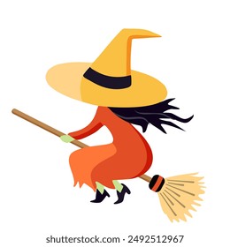 Witch on a broom. Silhouette of a witch. Halloween concept. Character for halloween in cartoon style. 