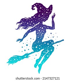 Witch on broom silhouette. Vector halloween flying witch girl. Magic illustration of sexy beautiful girl on broomstick. Cute woman in hat with blue star background. Night fairy art. Magician fantasy