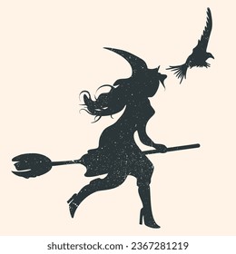 Witch on a broom. Vector black silhouette. Witch with raven in grunge texture