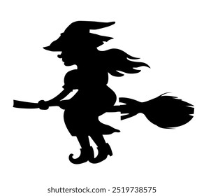 Witch on a broom. Vector black icon isolated on white background. Witch silhouette.