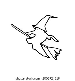 Witch on the broom vector silhouette. Hand drawn outline, doodle illustration for Halloween design, isolated on white background.