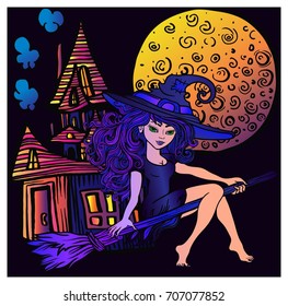 witch on a broom,an old castle and a full moon. Halloween party set