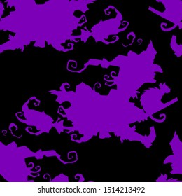 Witch on a broomsticj vector Halloween seamless pattern. Design background for party poster. Hand drawn cartoon illustration in black and purple.