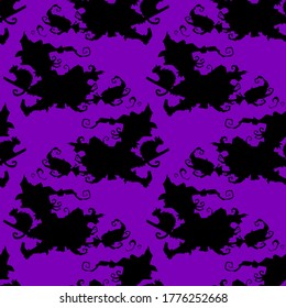 Witch on a broomsticj vector Halloween seamless pattern. Design background for party poster. Hand drawn cartoon illustration in black and purple.