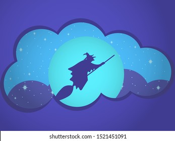 Witch on a broomstick against the background of the moon. Paper cut style. Halloween, October 31st. Vector illustration