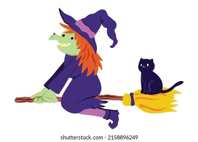 Witch on broomstick with black cat. Halloween witch, witchcraft, cat. Vector illustration isolated on white background.