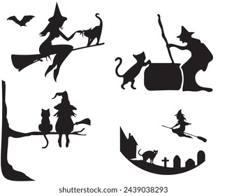 a witch on a broomstick and a black cat. Set of vector silhouettes on the theme of Halloween