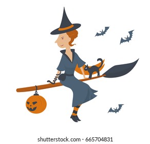The witch on a broomstick with a black cat, bats and a pumpkin. Vector flat illustration.