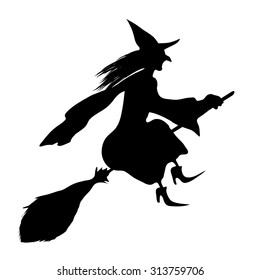 Witch on a broomstick. Black silhouette.