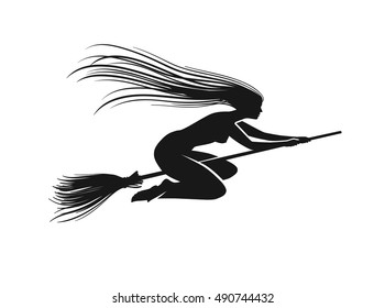 Witch on broomstick. Black silhouette. Vector