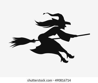 Witch on a broomstick. Black silhouette. Halloween symbol