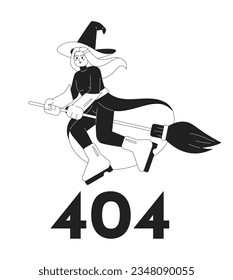 Witch on broomstick black white error 404 flash message. Mystery character. Empty state ui design. Page not found popup cartoon image. Vector flat illustration concept on white background
