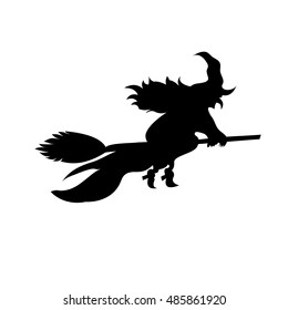 Witch on broomstick black white background