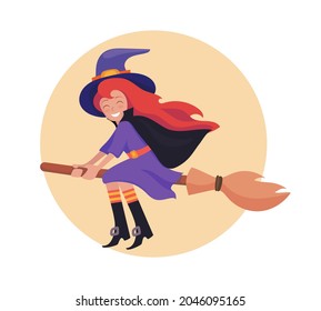 The witch on a broomstick. Cartoon funny witch wearing a hat and purple dress. Vector illustration.	