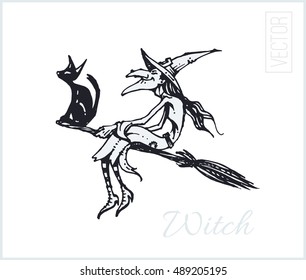 witch on a broomstick with a cat. drawn in ink by hand. isolated vector. cartoon, vintage. Halloween