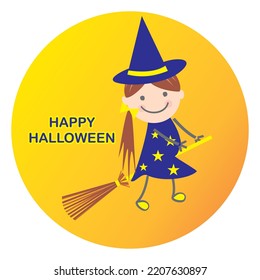 witch on a broomstick, cute girl at mask, isolated vector illustration on yellow circle background