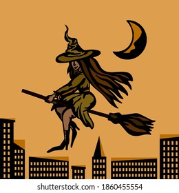
Witch on a broomstick flies over the city.
Halloween time.