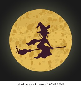 Witch on broomstick fly on full moon. Happy halloween card