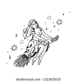 Witch on broomstick flying to sabbath in starry night sky medieval ink illuminated manuscript illustration black isolated on white vector