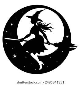 Witch on Broomstick Full Moon Silhouette