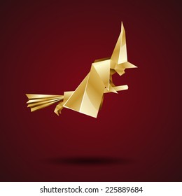 witch on a broomstick, golden origami