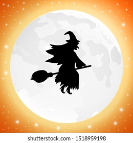 Witch with on a broomstick for Halloween against the background of the moon