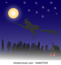 Witch on a broomstick. Halloween background with flying witch on the full moon. Vector illustration