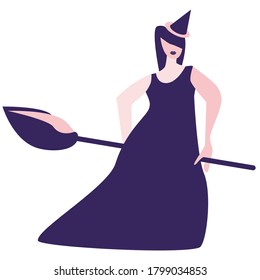 Witch on broomstick. Halloween celebration. Vector illustration.