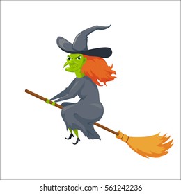 Witch on a broomstick. Halloween character. Spooky woman flying on a broom. Fairytale.  Magical stories vector cute clip art. Scary sorceress