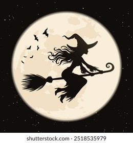 Bruja en palo de escoba.  Silueta de Vector de Halloween en la luna y los murciélagos de fondo. Misterio y magia, el diseño con temática de Halloween crea una atmósfera espeluznante y encantadora. Bruja en un sombrero en una escoba.