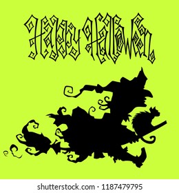 Witch on a broomstick hand drawn Halloween greeting card celebration design element. Creepy holiday lettering vector illustration over acid green.