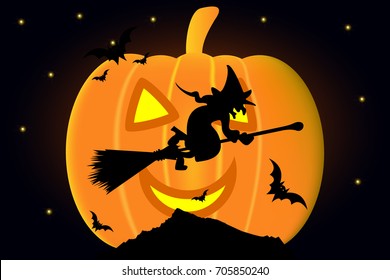 Witch on a broomstick, Happy halloween, Month as a pumpkin